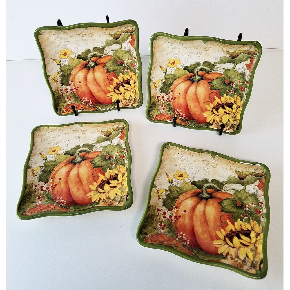 Certified Int'l BOTANICAL HARVEST Susan Winget Sq Canape Plate white Set of 4
